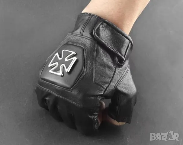 Iron Cross Рокерски Ръкавици без пръсти Нацистки Кожени Ръкавици Железен Кръст Естествена Кожа Агне