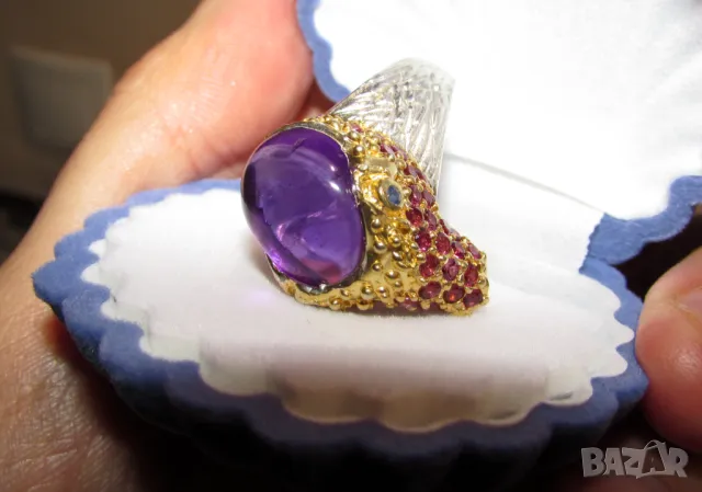 925 сребърен пръстен със златно покритие и голям аметист. Халка 8/57/, снимка 1