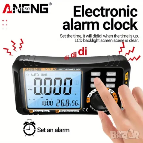 Цифров мултицет ANENG 612, AC/DC, ток, честота, съпротивление. С термохигрометър, календар, аларма, снимка 2 - Други инструменти - 48507265