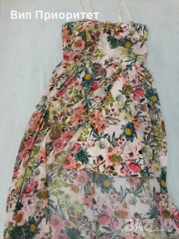 Дълга рокля копринена с къса непрозрачна предна част със същия пъстър принт, както коприната, снимка 6 - Рокли - 37338370