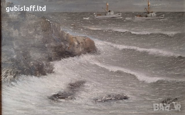 Картина, море, рибарски лодки, худ. К. Банков, 1977 г., снимка 2 - Картини - 40587333