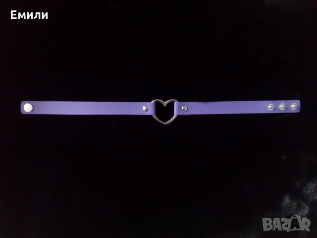 Кожен чокър със сърце в лилав цвят, снимка 2 - Колиета, медальони, синджири - 35183228