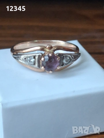 Руски антикварен златен пръстен - аметист , брилянти, снимка 5 - Пръстени - 54125434