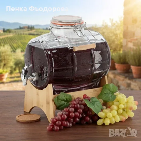Стъклен диспенсър за напитки 8L, с кран и бамбукова поставка, снимка 2 - Бидони, бурета и бъчви - 55874472