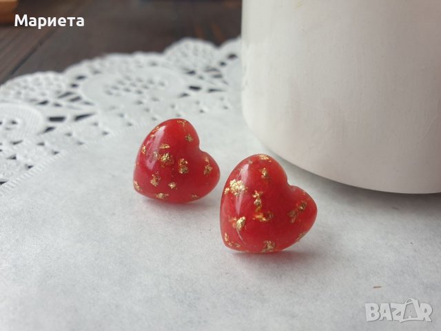 Червени обеци със златно Обеци Сърца Бижута от Смола Червени Обици Бижута Ръчна Изработка , снимка 6 - Обеци - 37201760