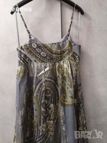 Бутикова Рокля от Естествена коприна, нова, сиво и златно, размер L, снимка 5 - Рокли - 42472238
