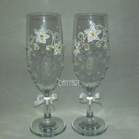 Двойка чаши за бяло вино White flowers, снимка 1 - Чаши - 31935306