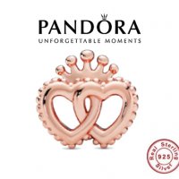 Сребърен талисман Пандора Crown & Interwined Hearts Charm, снимка 1 - Гривни - 39310296