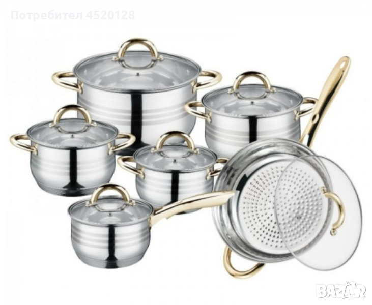 Комплект тенджери и тиган Royalty Line RL-1231G, 12ч.,16К/16/18/ 20/24/24Tсм., Индукция, Инокс, Злат, снимка 1