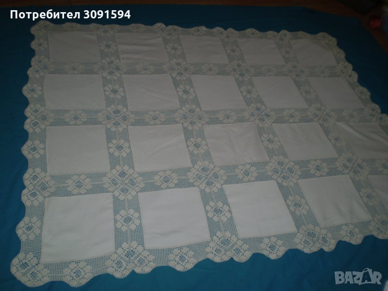 Винтидж покривка лен с плетени на една кука мотиви ръчно изработена, снимка 1