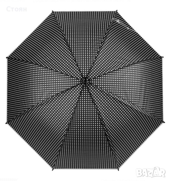 Чадър тип бастун автоматичен черен бял на точки 81 см, снимка 1