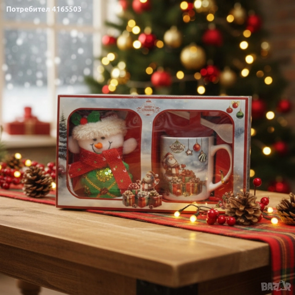 Празничен подаръчен комплект с чаша, лъжичка и снежен човек – готов за подаряване, снимка 1