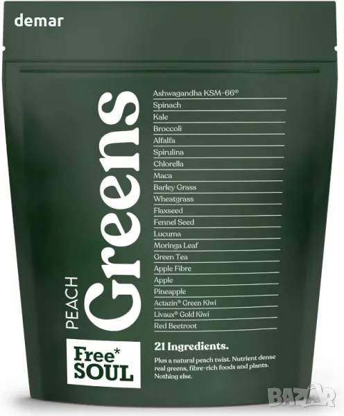 Free Soul Greens | 21 усъвършенствани зеленчуци, суперхрани и адаптогени, 30 порции Вкус на праскова, снимка 1