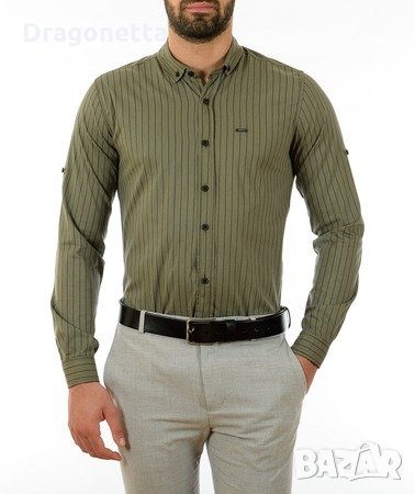 Мъжка зелена риза на черни райета-1 брой, Дължина ръкав-65см, дължина 75см,широчина гръб 52см,яка 43, снимка 1