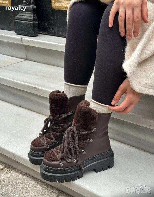 Боти на платформа - кафява кожа с кафяв пух, снимка 1