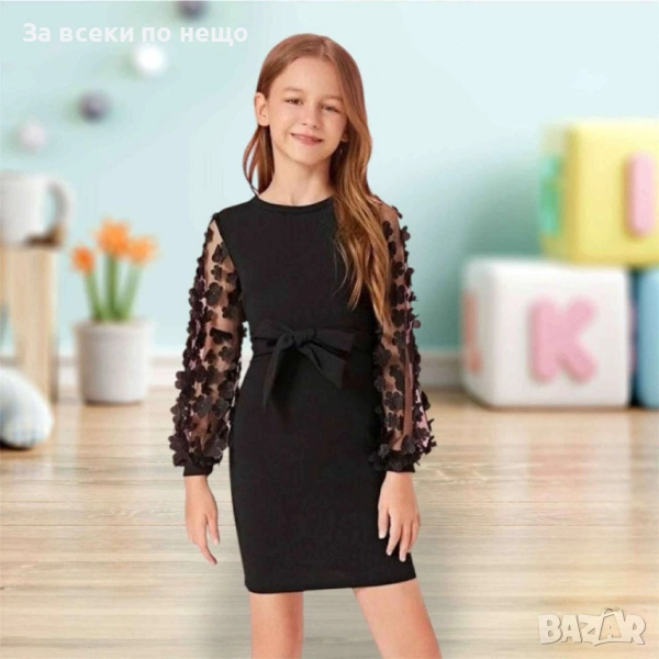 Детска Черна Рокля С Ефектни 3Д Цветя На Ръкавите Код S242, снимка 1