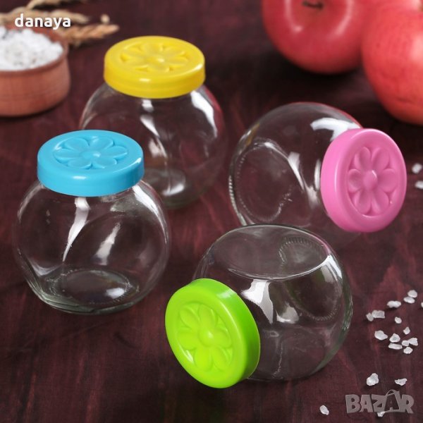 2007 Комплект стъклени бурканчета за подправки с цветни капачета, 4 броя, снимка 1