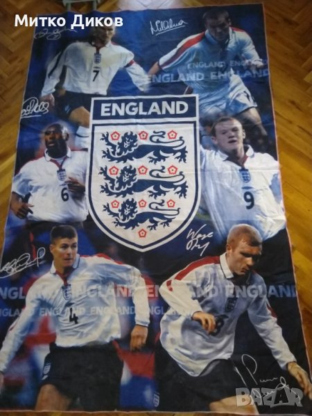 Англия футболно знаме с принт подписи на 6 легенди-Бекъм-Оуен-Рууни-Кембъл -Скоулс Джерард 116х182  , снимка 1