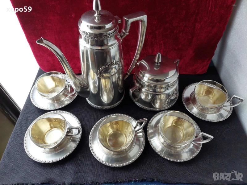 Посребрен комлект за кафе-каничка, захарница, и чашки за кафе/чаша ,сребро, кана/, снимка 1
