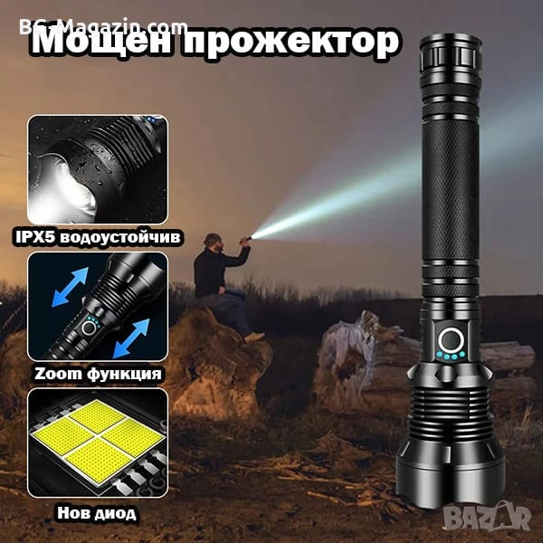 Професионален тактически акумулаторен фенер LED прожектор за лов риболов къмпинг работа аварии, снимка 1