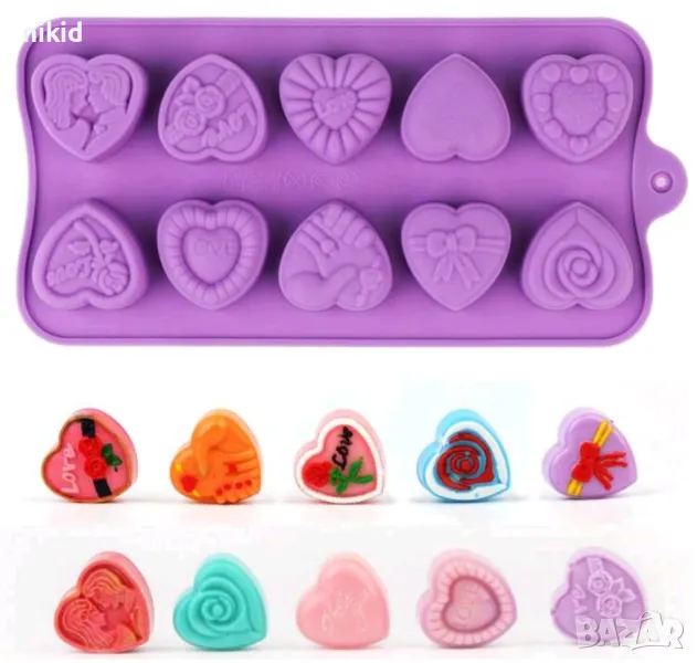 10 сърца сърце Свети Валентин различни силиконов молд форма фондан шоколад гипс бонбони декор, снимка 1