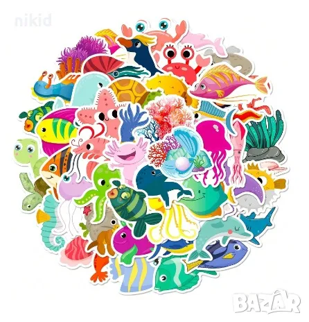 50 бр Морски животни риби морско дъно самозалепващи лепенки стикери за украса декор картонена торта