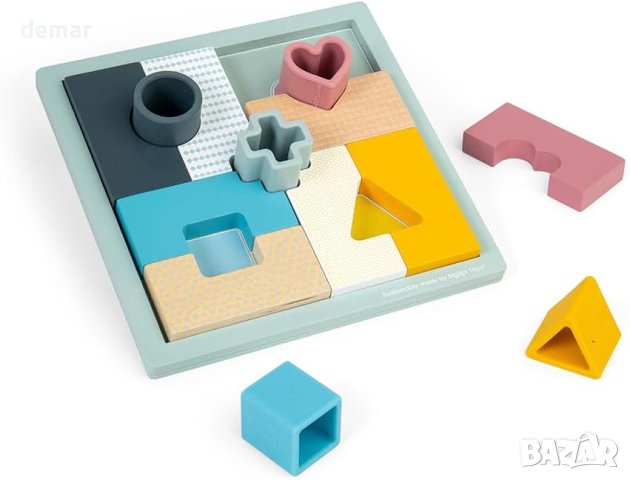 Bigjigs Toys 2-в-1 дървен пъзел и игра за сортиране на фигури с 8 парчета от мозайка за малки деца
