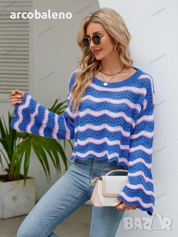 Дамски моден пуловер с дълги ръкави и кръгло деколте на райета, 3цвята - 023 , снимка 2 - Блузи с дълъг ръкав и пуловери - 42304853