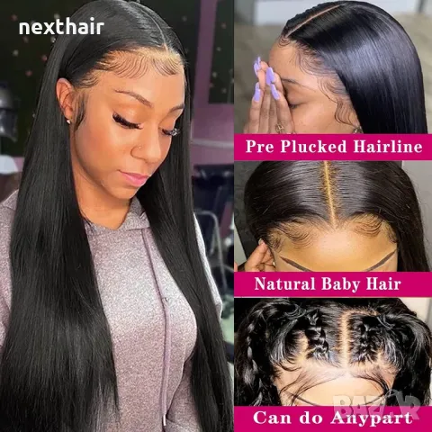 80 см Дълга черна копринено права синтетична перука с дантела 13*6 лейс фронт LACE FRONT, снимка 8 - Аксесоари за коса - 50050143