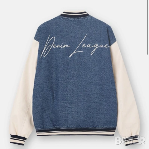 Мъжко пилотско яке от деним с ръкави от еко кожа Pull&Bear, XL, снимка 2 - Якета - 51110015