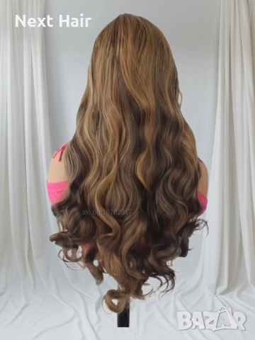 Чуплива кафява перука с руси кичури - 70-75 см, дантела 13х4, снимка 2 - Аксесоари за коса - 52878549