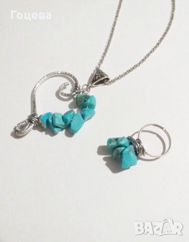 Красиво Арт колие сърце с ковани елементи и натурални камъни Тюркоаз , снимка 3 - Колиета, медальони, синджири - 35354393