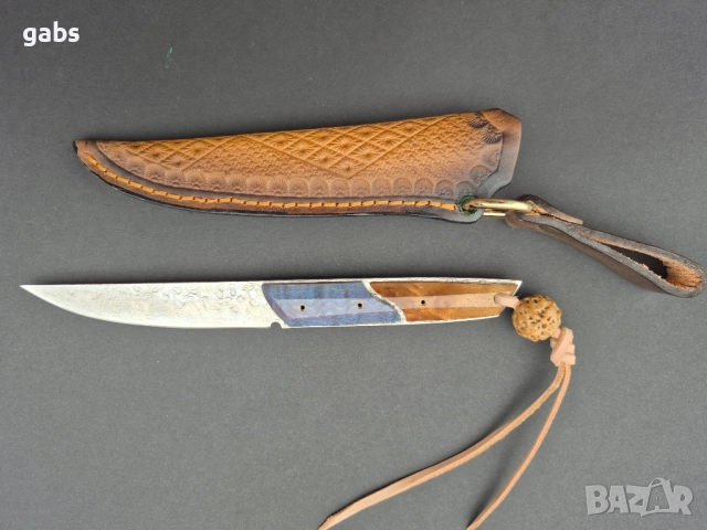 Компактен ловен нож,фултанг дамаска стомана с кожена кания, LN426, снимка 3 - Ножове - 52327576