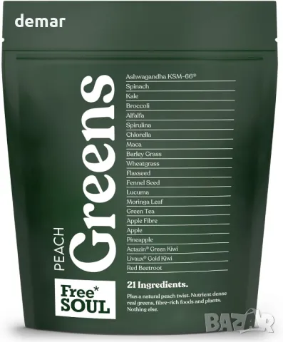 Free Soul Greens | 21 усъвършенствани зеленчуци, суперхрани и адаптогени, 30 порции Вкус на праскова