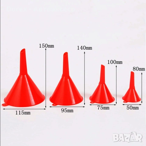 Комплект 4 броя пластмасови фунии - различни размери за течности, снимка 2 - Аксесоари и консумативи - 54078543