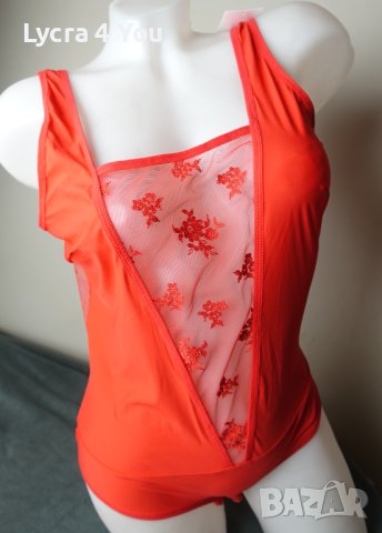 M/L ново с етикет дамско червено боди с ликра и тюл, снимка 2 - Бельо - 40841449