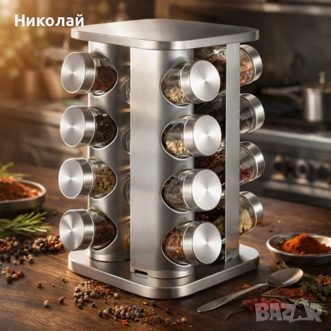 Въртящ се органайзер за подправки Cheffinger - С 16 бурканчета от неръждаема стомана