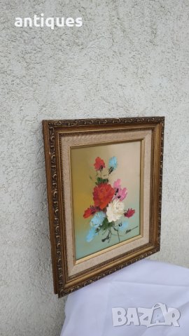 Картина "Цветя" - с рамка и подпис от автора - 36/31см, снимка 4 - Антикварни и старинни предмети - 36815295