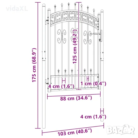 vidaXL Оградна порта KAMPEN с връх, черна, 103x125 см, стомана, снимка 6 - Огради и мрежи - 56146087