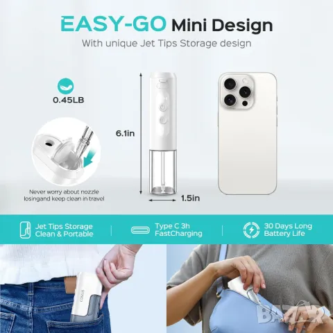 Зъбен душ COSLUS Water Teeth Flosser, Преносим акумулаторен подвижен резервоар за вода, снимка 5 - Други - 48368986