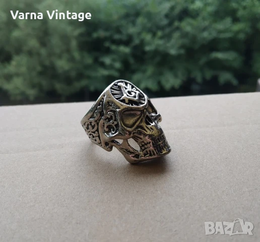 Брутален масивен мъжки пръстен с масонски череп., снимка 3 - Пръстени - 51416056