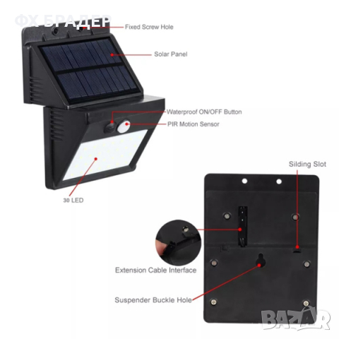 30 LED Соларна лампа с РIR сензор и подвижен панел, снимка 6 - Соларни лампи - 36550947