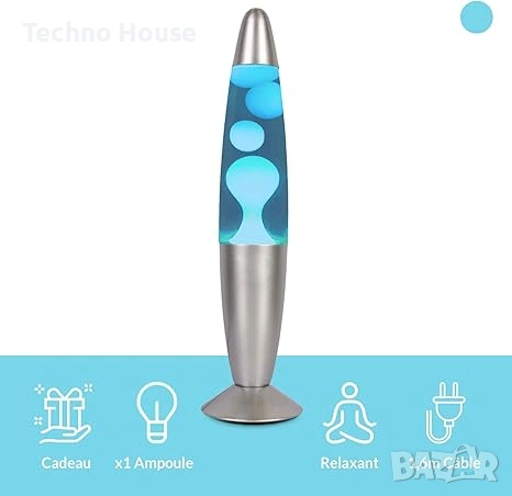 Синя и хромирана лава лампа, ретро нощна лампа 34 x 8,5 см с 2 крушки, оригинален и забавен подарък, снимка 3 - Настолни лампи - 54203109