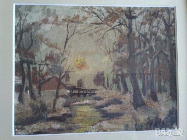 Картина темпера Зимен пейзаж