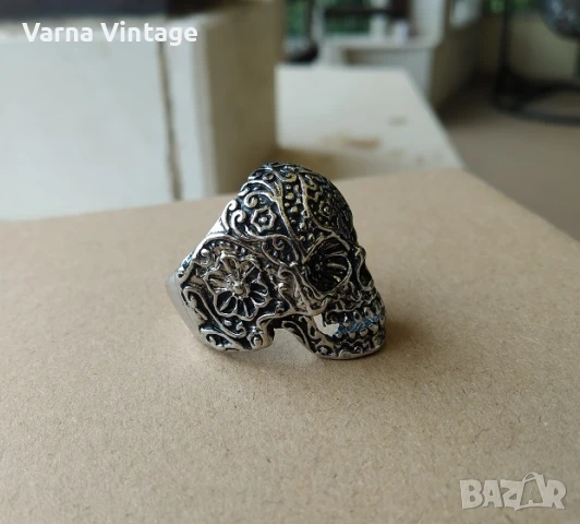 Брутален масивен мъжки пръстен Череп с шарки., снимка 6 - Пръстени - 51415790
