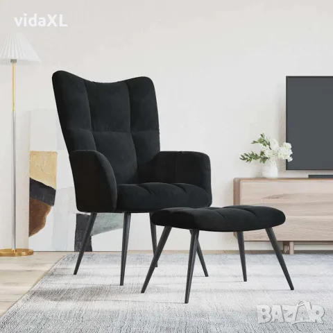 vidaXL Релаксиращ фотьойл с табуретка, черен кадифе, снимка 2 - Столове - 56146930