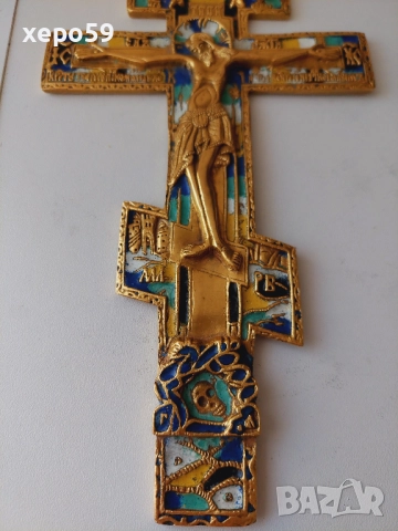 Антикварен бронзов кръст с позлата и емайл/Царска Русия/1850 год, снимка 4 - Антикварни и старинни предмети - 52537680