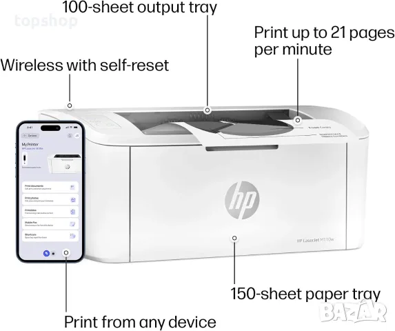 Чисто нов на 70 страници черно-бял лазерен принтер HP LaserJet M110w  , снимка 4 - Принтери, копири, скенери - 56130987