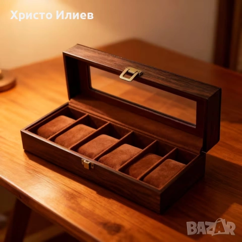 Кожена Кутия за часовници Органайзер Стойка за 6 броя Кафява