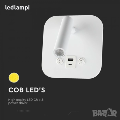 LED Аплик 8W С USB/PD Порт Бял Топло Бяла Светлина, снимка 2 - Лампи за стена - 51443627
